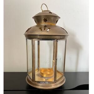 MCM Vintage Small Brass and Glass Lantern Etched with Stars for Tealight
